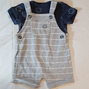 Carter's Gray & Navy Striped Short Overalls with Smile Pocket